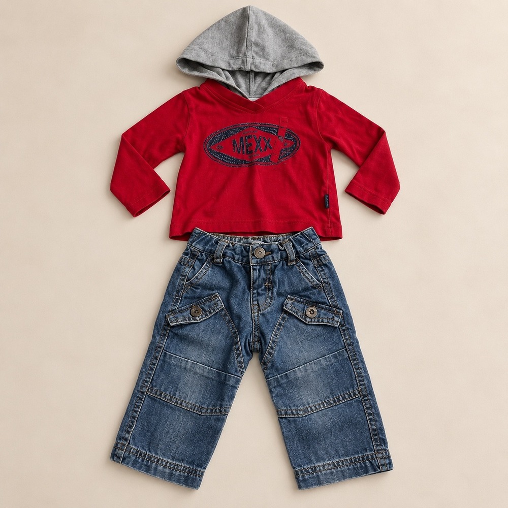 Mexx Baby Boy 2pc Set Red Hooded Shirt & Blue Cargo Jeans Size 6-9M